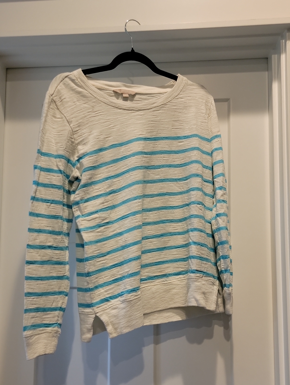 Banana Republic Factory Cream Crewneck Sweater with Aqua Stripes